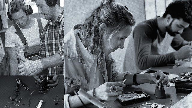 Three black-and-white photos showing different tasks, including electronics repair.